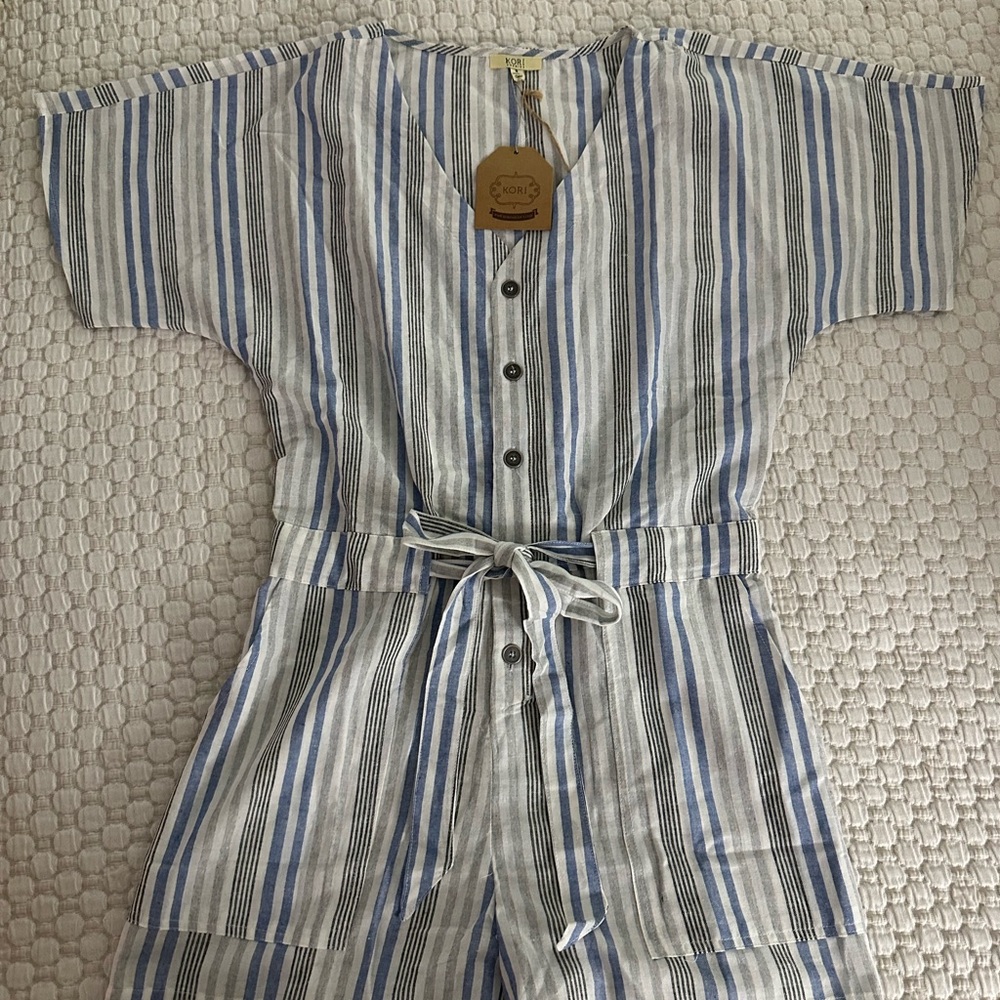 Blue & White Striped Waist-Tie Jumpsuit